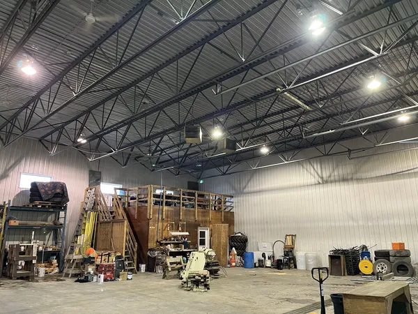 Industrial workshop with ceiling lighting